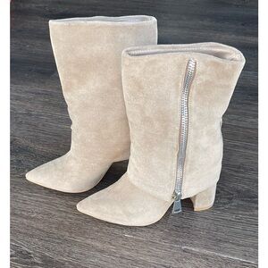 Size 6, Beige heeled boots, long zipper 3/4 height, Brand new and never worn!